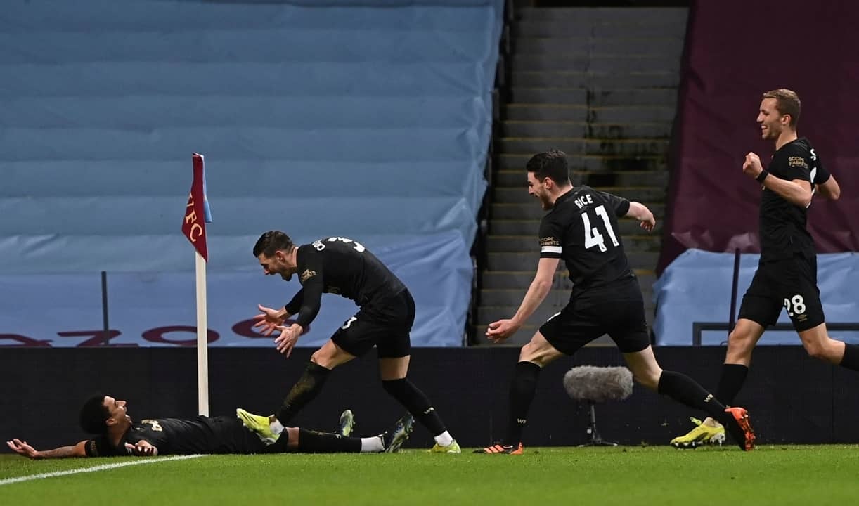 Jesse Lingard celebrates his goal at Aston Villa