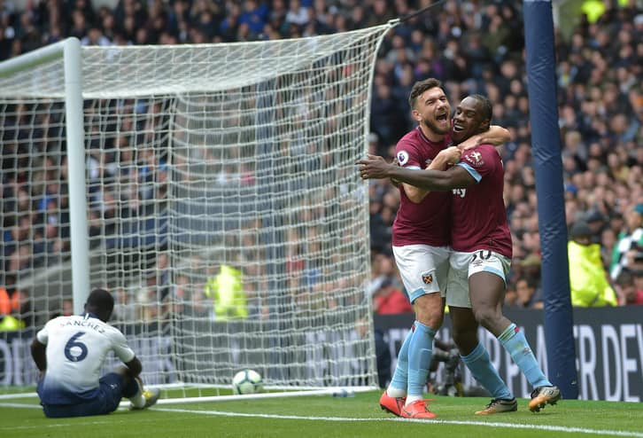 Michail Antonio celebrates his goal at Spurs last season