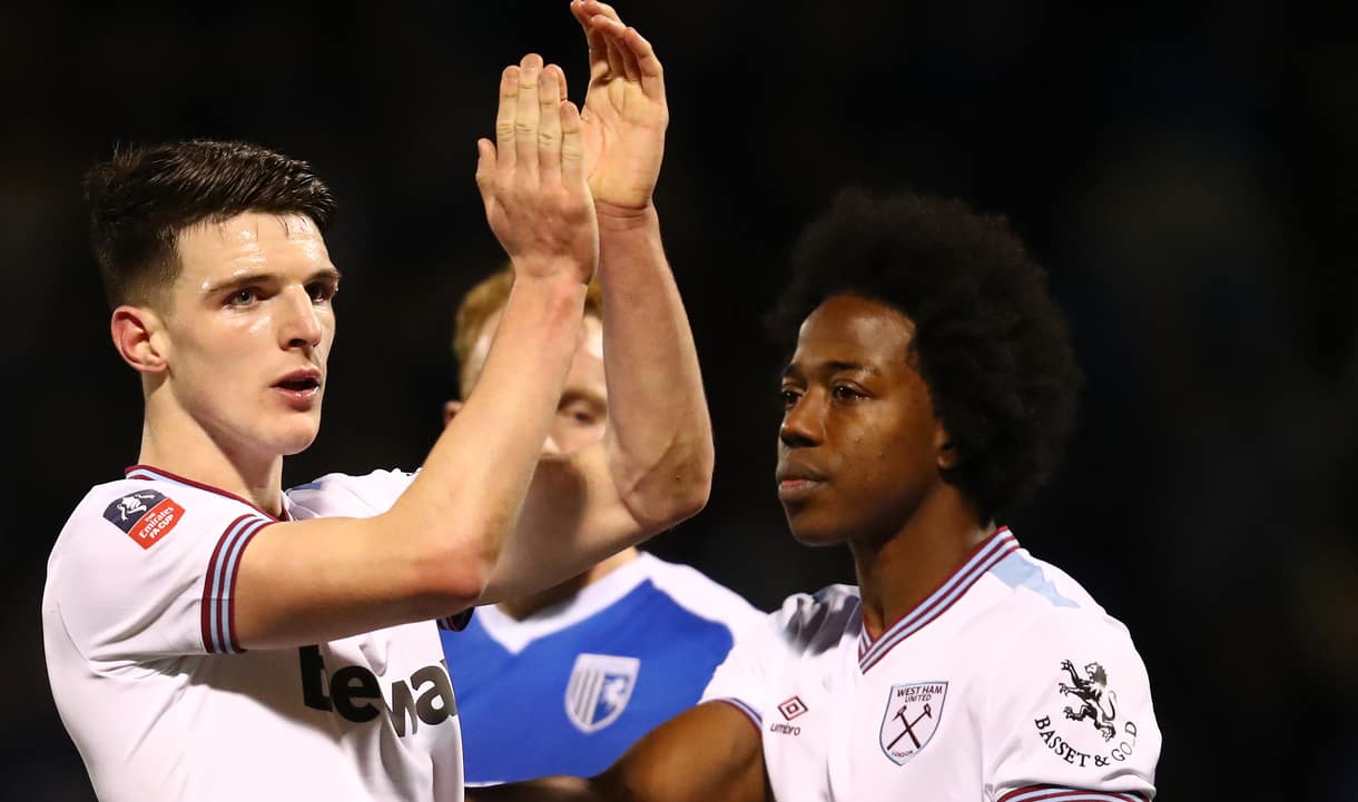 Declan Rice applauds the Hammers support at Gillingham