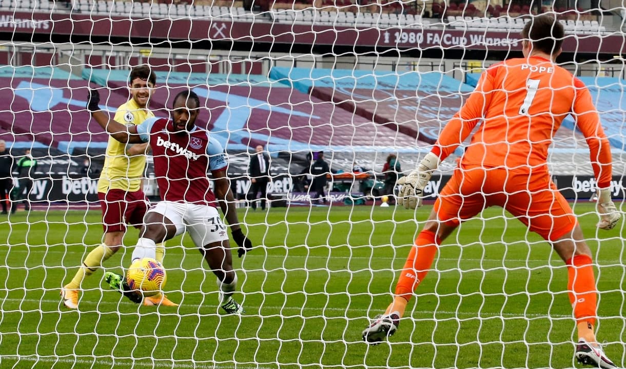 Michail Antonio scores against Burnley at London Stadium earlier this season