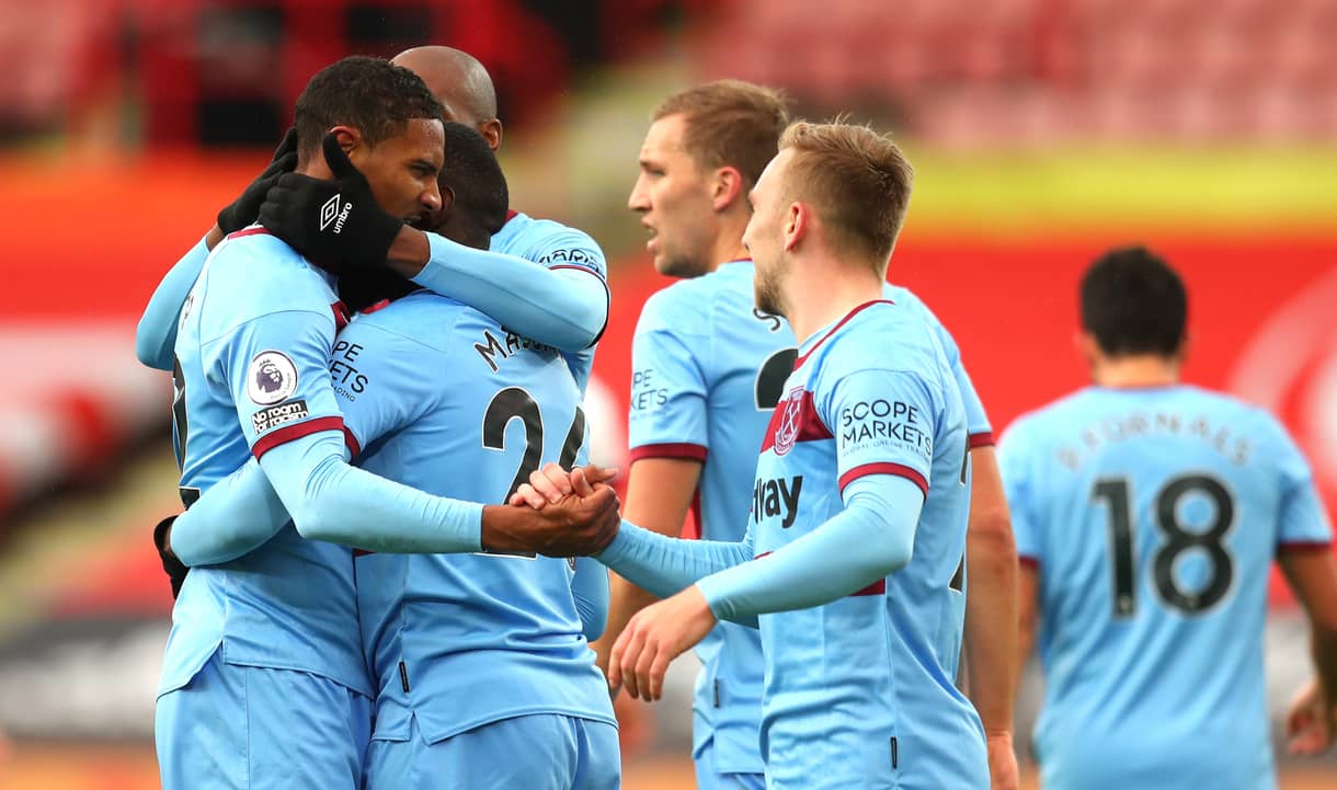 The Hammers celebrate their goal at Sheffield United
