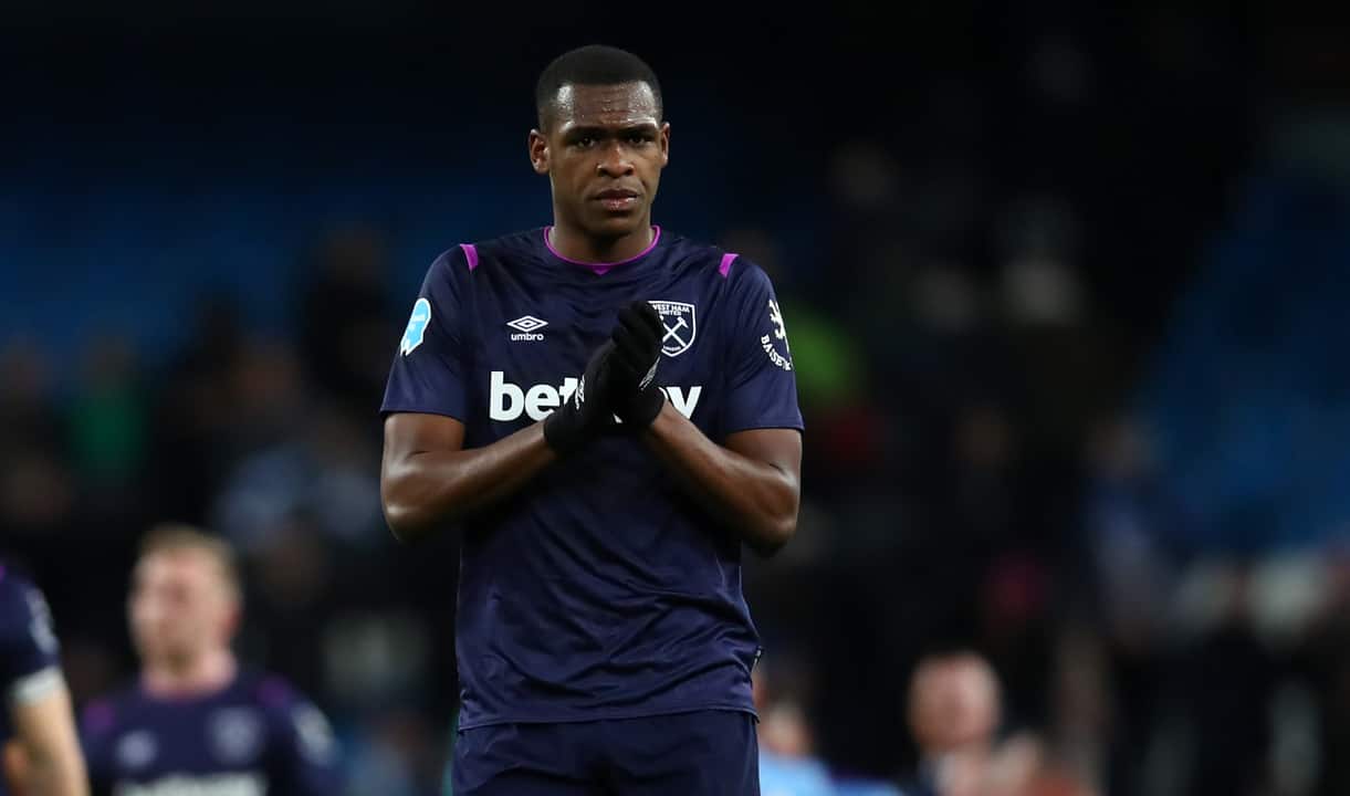 Issa Diop applauds the Hammers fans at Manchester City