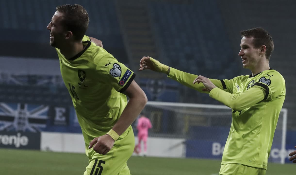 Tomas Soucek celebrates scoring against Estonia