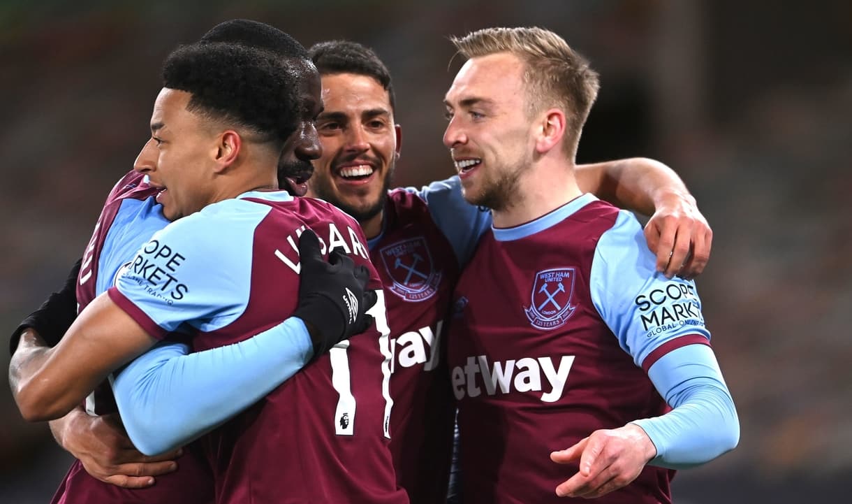 The Hammers celebrate at Wolves