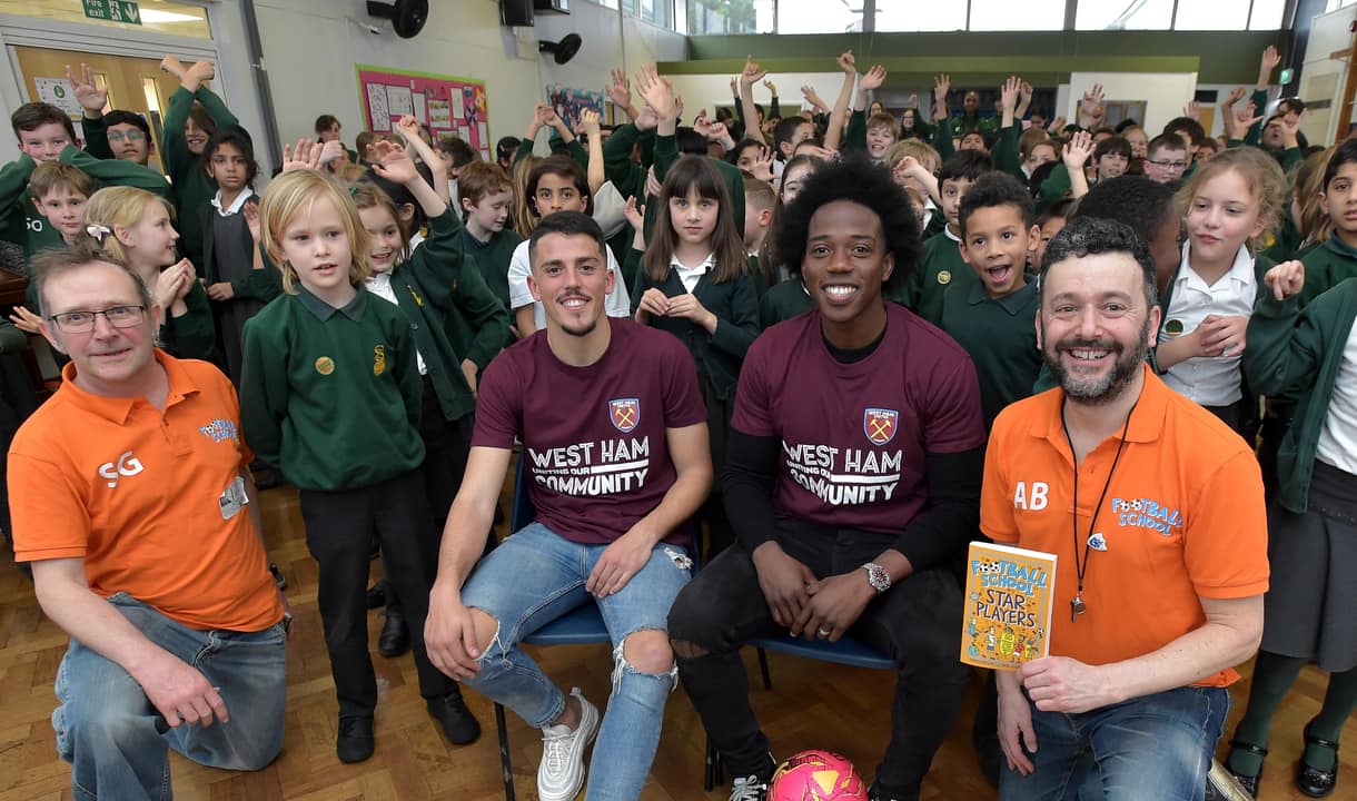 Pablo Fornals and Carlos Sanchez at Snaresbrook Primary School