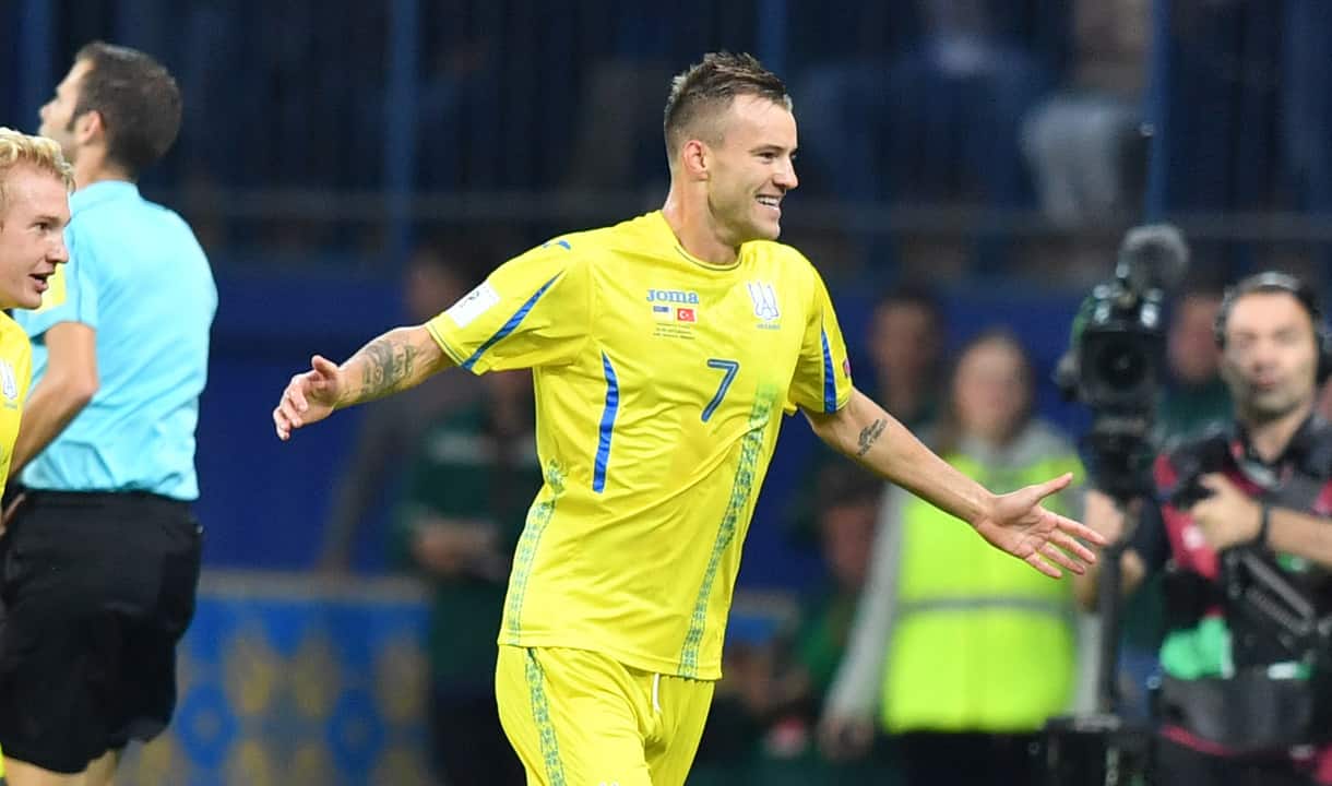 Andriy Yarmolenko celebrates scoring for Ukraine