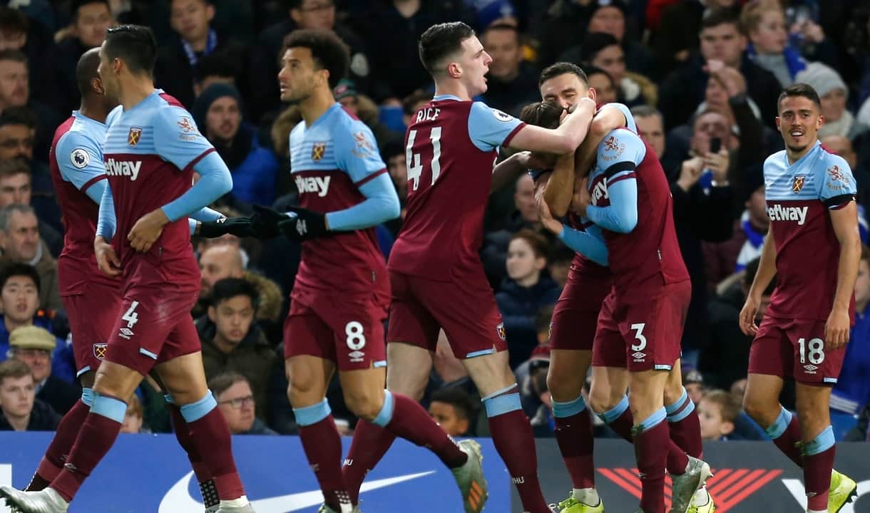 West Ham celebrate their goal at Chelsea