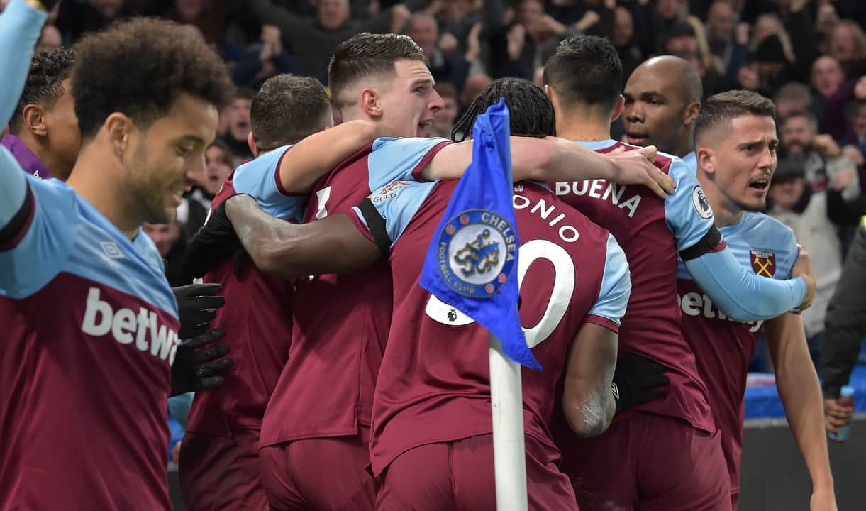 The Hammers celebrate their goal at Chelsea