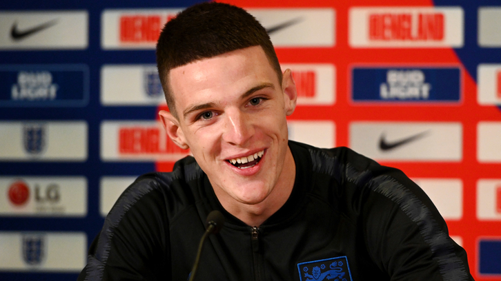 Declan Rice talks to the media while on England duty