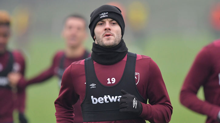 Jack Wilshere in training with his West Ham United teammates at Rush Green