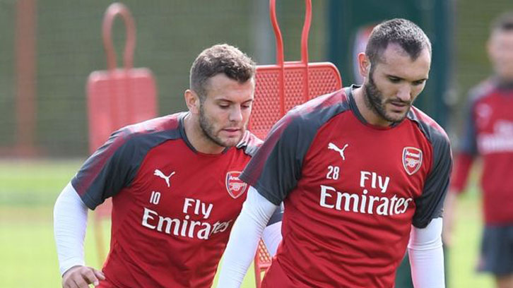 Jack Wilshere and Lucas Perez in training at Arsenal