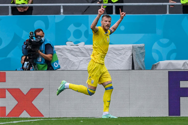 Andriy Yarmolenko celebrates scoring for Ukraine against North Macedonia