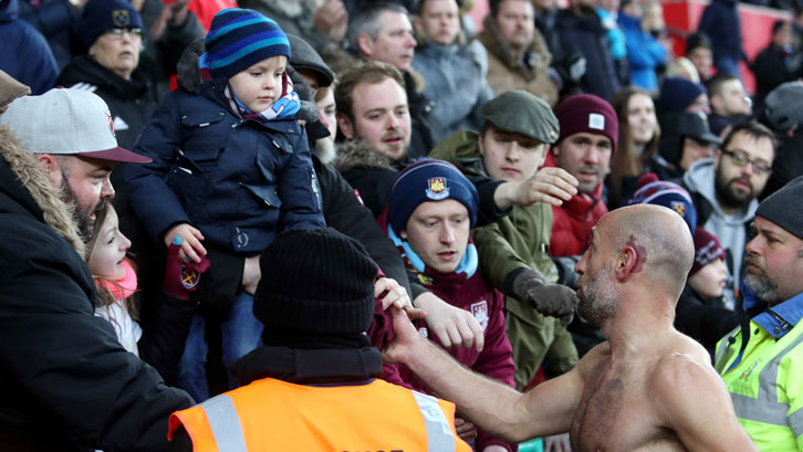 Pablo Zabaleta hands his shirt to a young fan at Swansea City last weekend