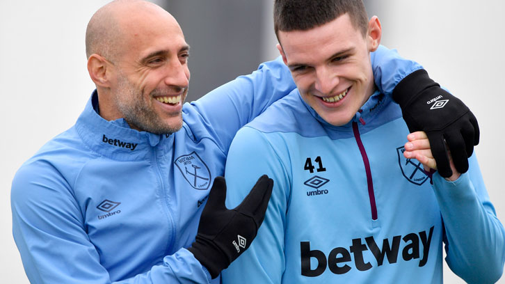 Pablo Zabaleta and Declan Rice in training at Rush Green