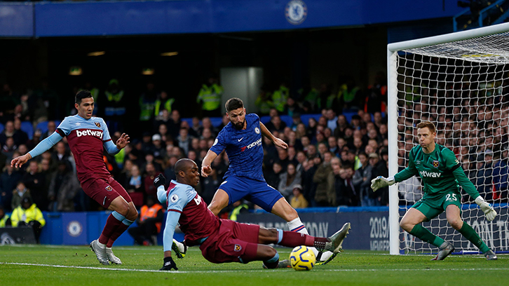 Angelo Ogbonna makes a crucial interception against Chelsea at Stamford Bridge