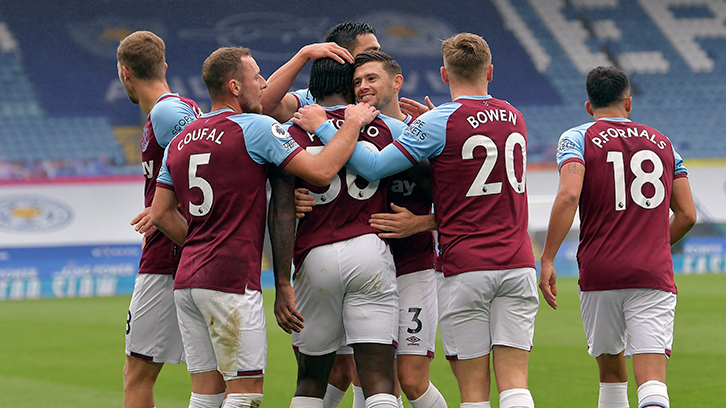 West Ham United players celebrate scoring against Leicester