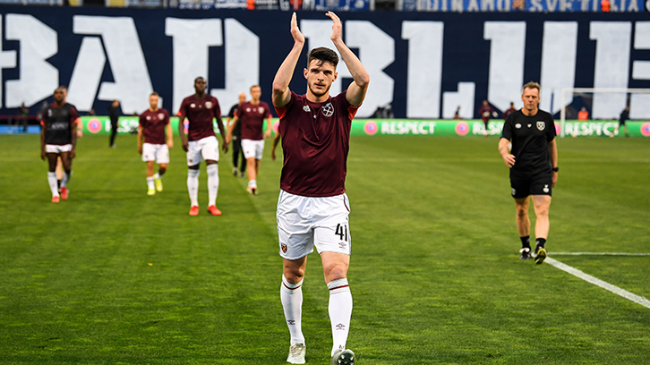 Declan Rice applauds the West Ham fans in Zagreb