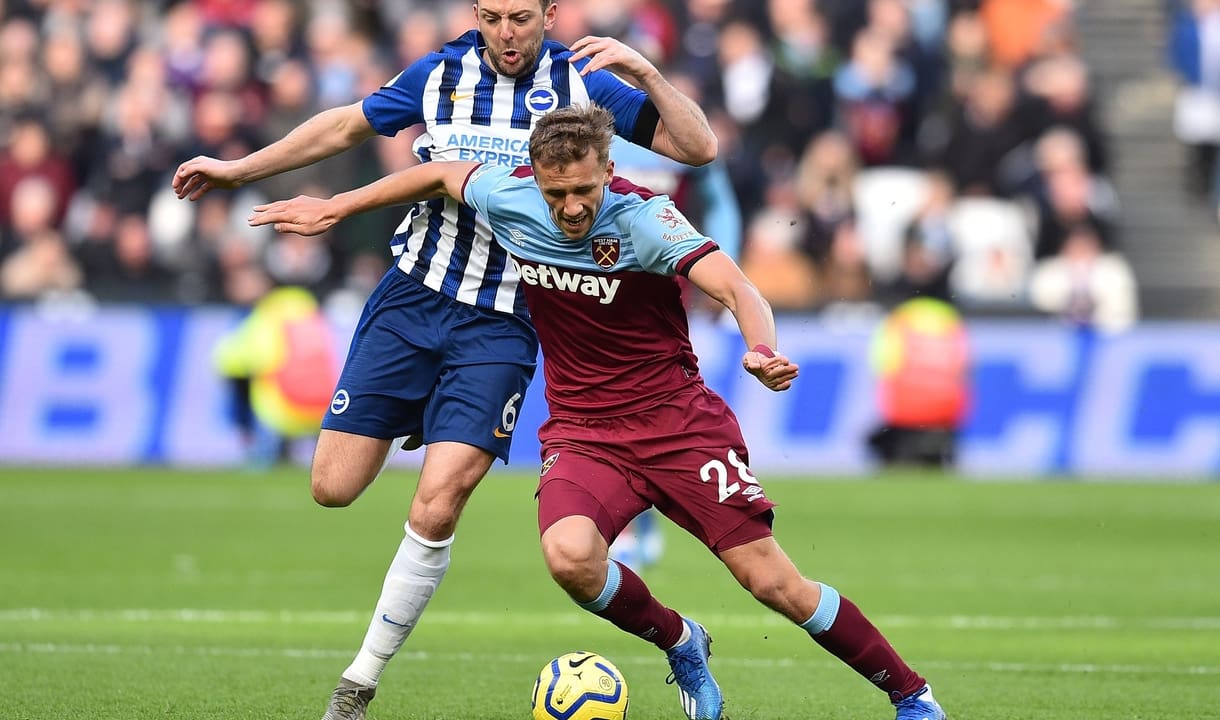 Tomas Soucek in action against Brighton