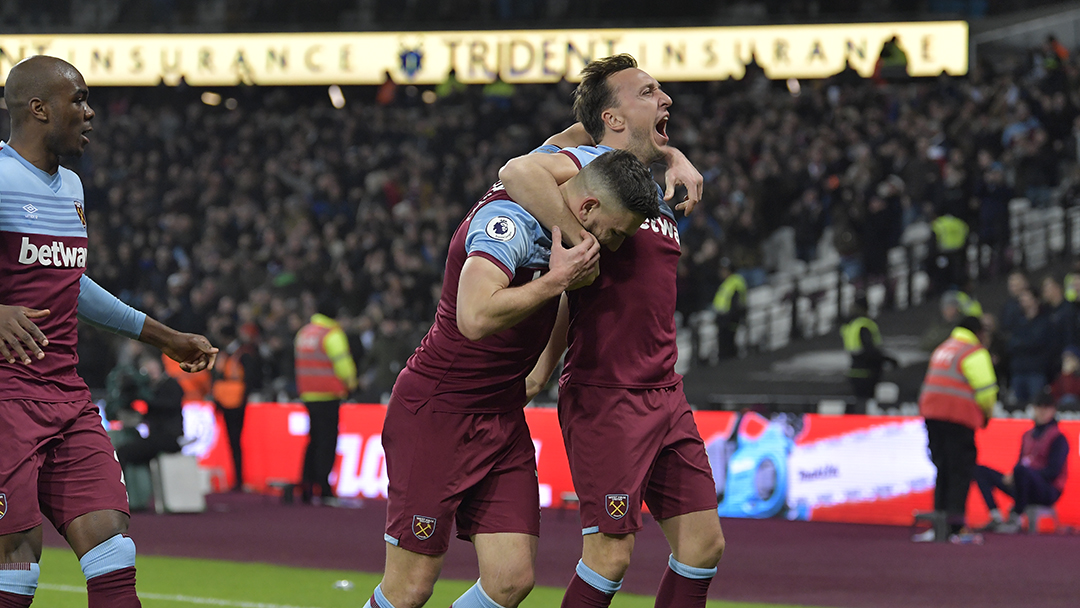 Mark Noble and Robert Snodgrass celebrate against Bournemouth