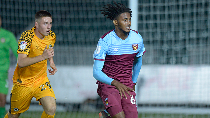 Okotcha playing for West Ham U21s in the Leasing.com Trophy earlier this season