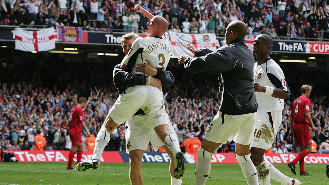 Paul Konchesky celebrates scoring against Liverpool in the FA Cup Final 2006