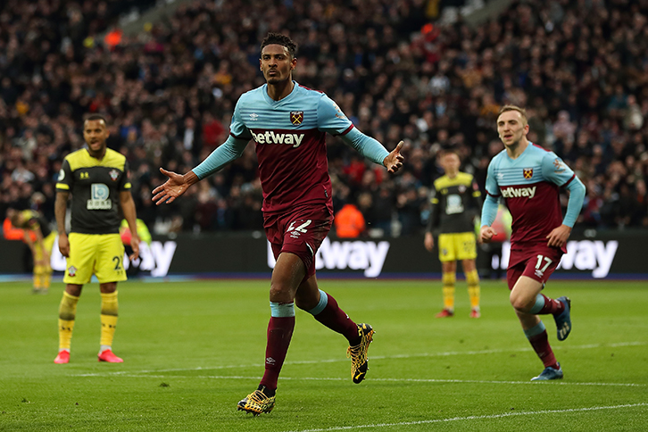 Sebastien Haller celebrates scoring against Southampton on 29 February - the most recent match played in front of supporters at London Stadium