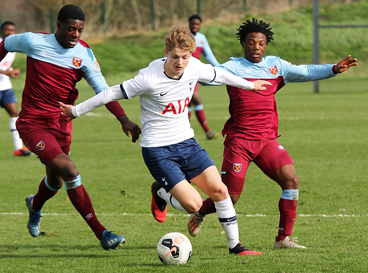 Mipo Odubeko and Keenan Appiah-Forson defend against Tottenham U18s