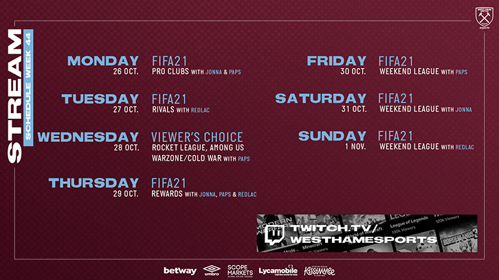 West Ham United Esports streaming schedule