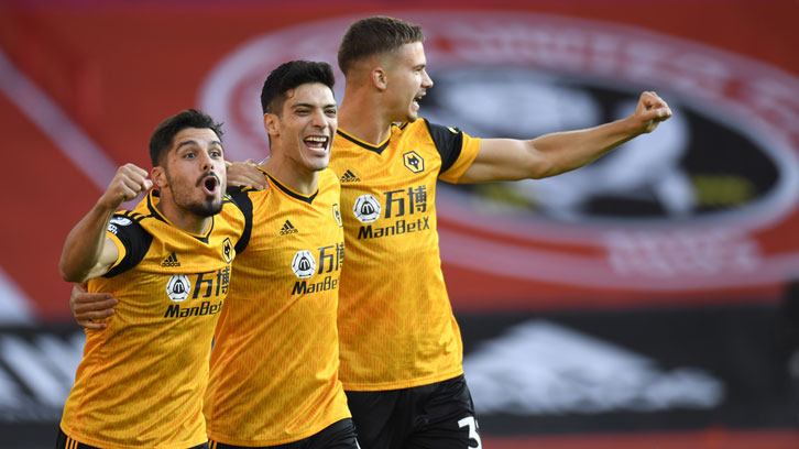 Wolves celebrate a goal at Sheffield United