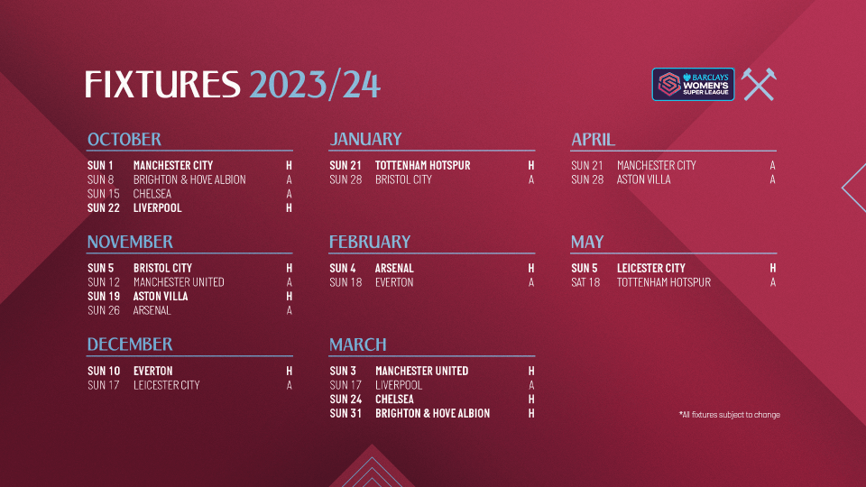 2023/24 Fixtures Every WSL home and away game revealed West Ham